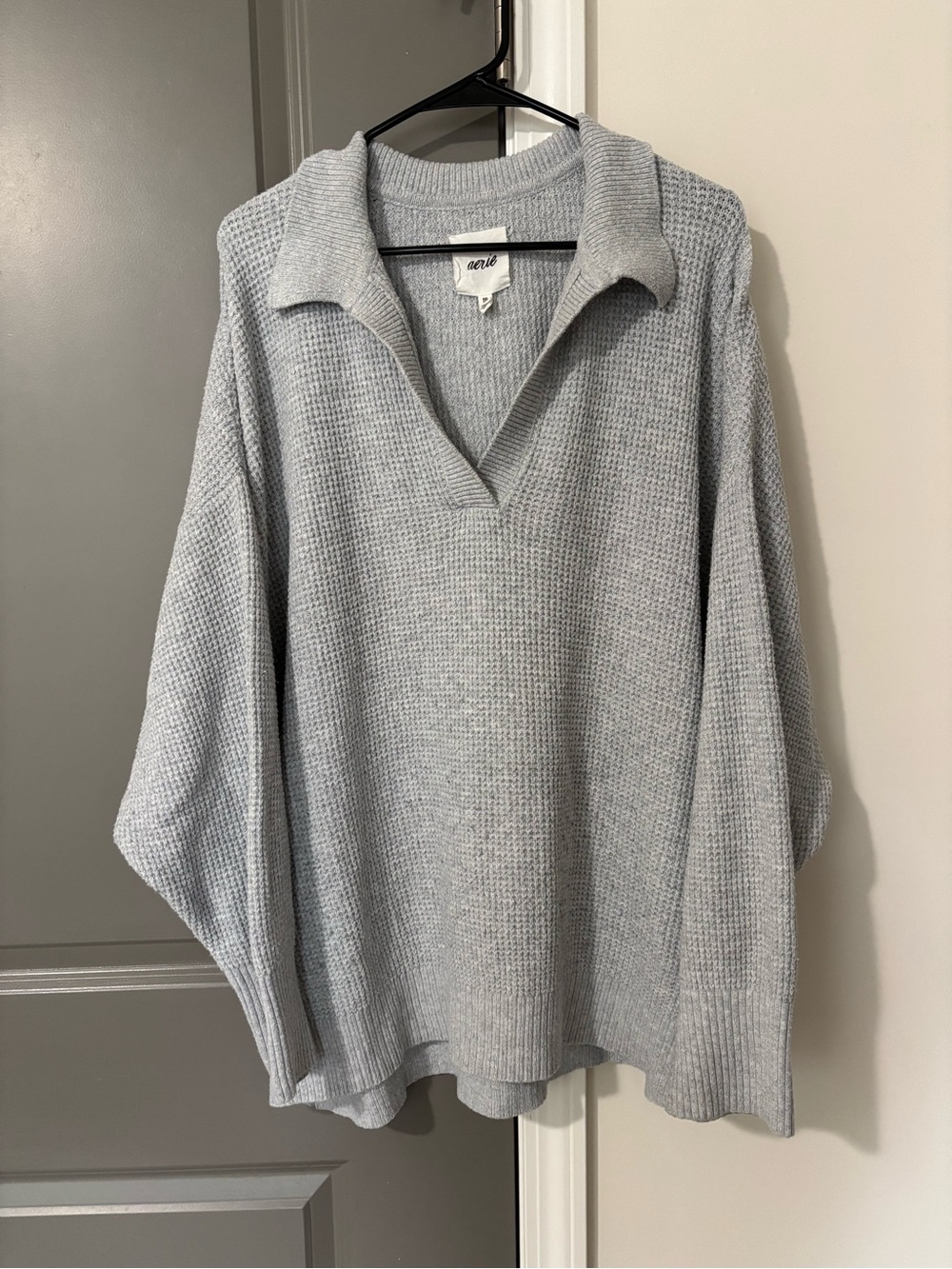 Aerie Light Gray Waffle-Knit Collared Pullover Sweater